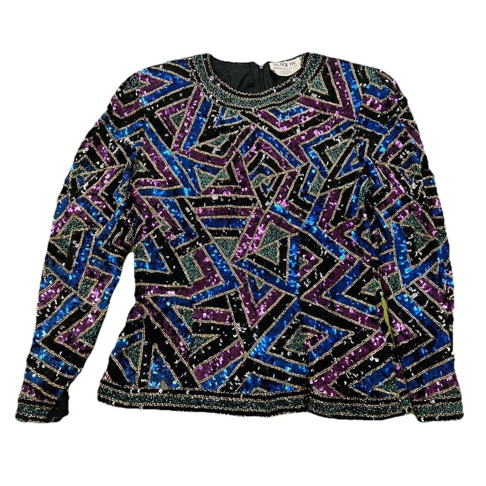 Vintage Black Tie Sequin Beaded Silk Top Geometric Party Blouse Womens Small